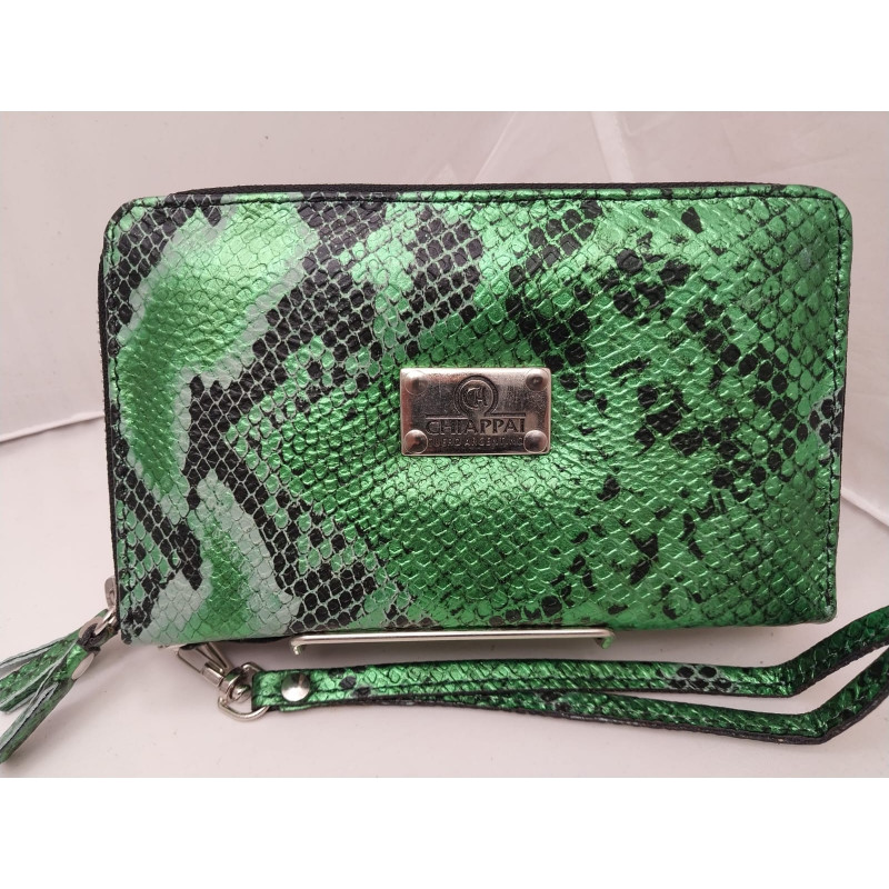 Billetera dama doble cierre color reptil verde