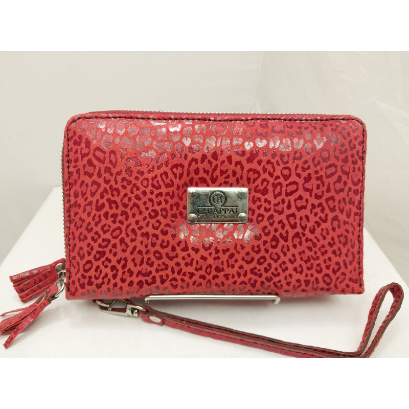 Billetera dama doble cierre animal print rojo