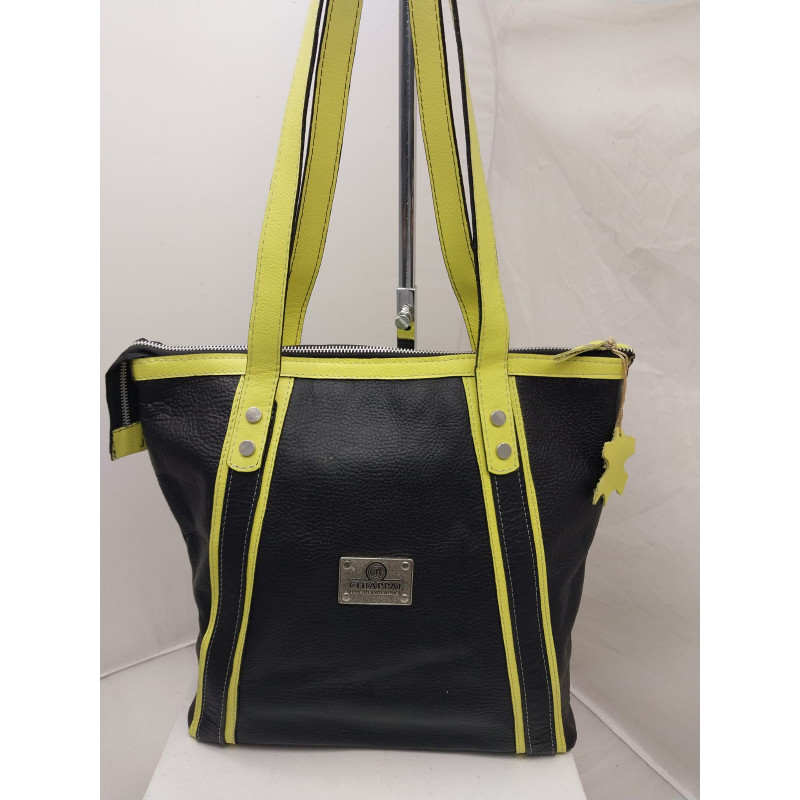 Cartera Alessia cuero negro y amarillo