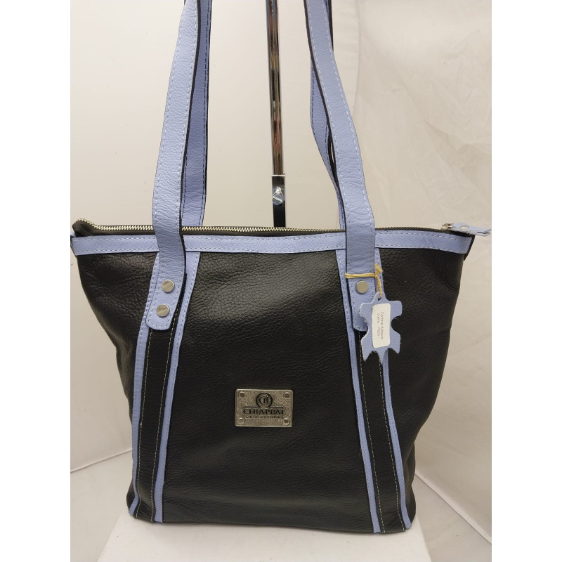 Cartera Alessia cuero negro y celeste