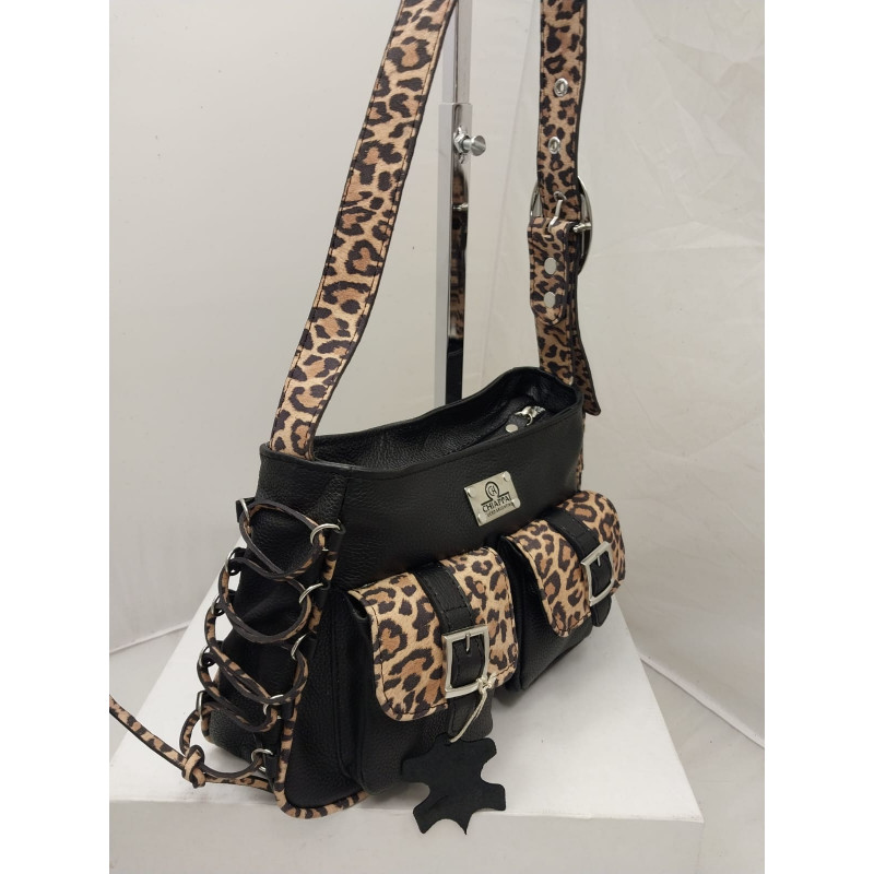 Cartera Atenea cuero graneado negro combinado
